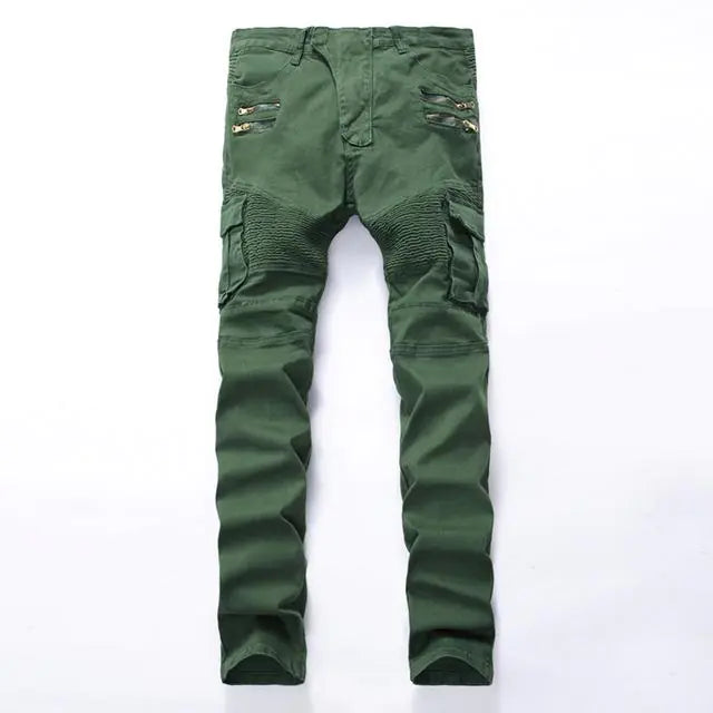 Men's Stretch Slim Fit Biker Jeans with Multi-Pockets