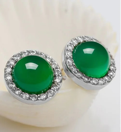 Green Chalcedony Stud Earrings, Korean 925 Silver Jewelry