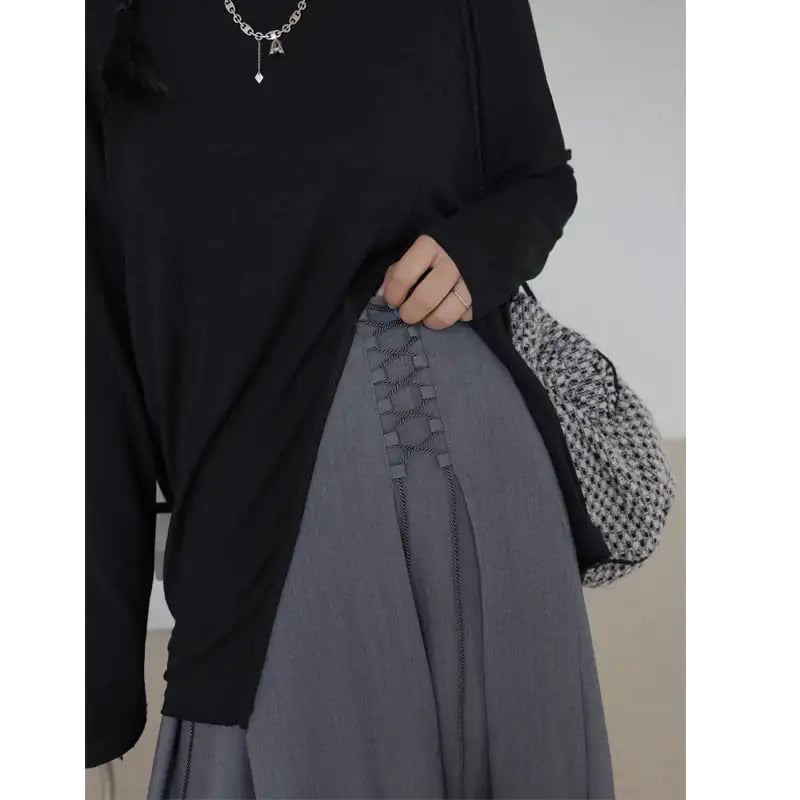 Korean Lace-up Pleated High-Waist A-line Skirt