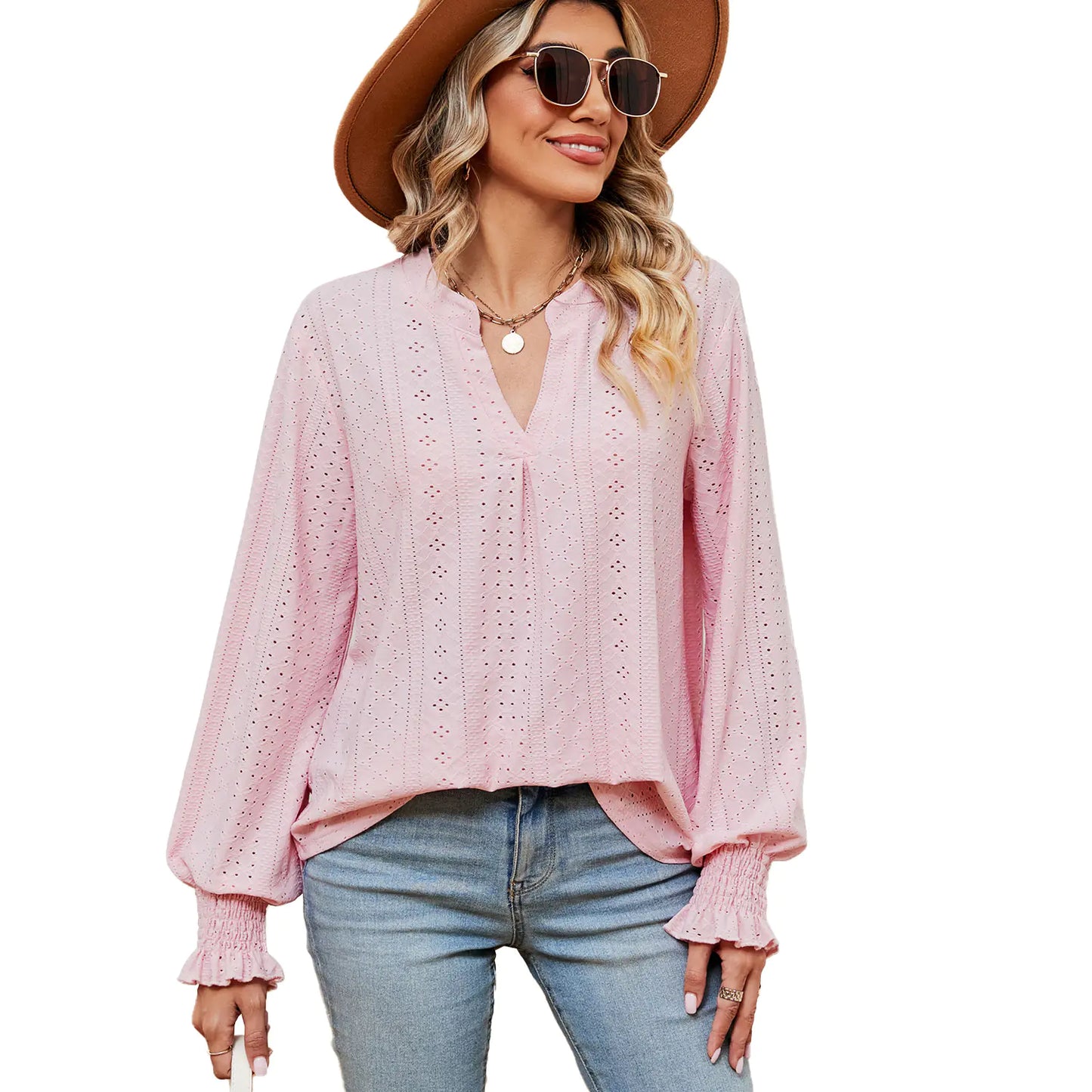 Women's Casual Loose V-Neck Long Sleeve T-Shirt