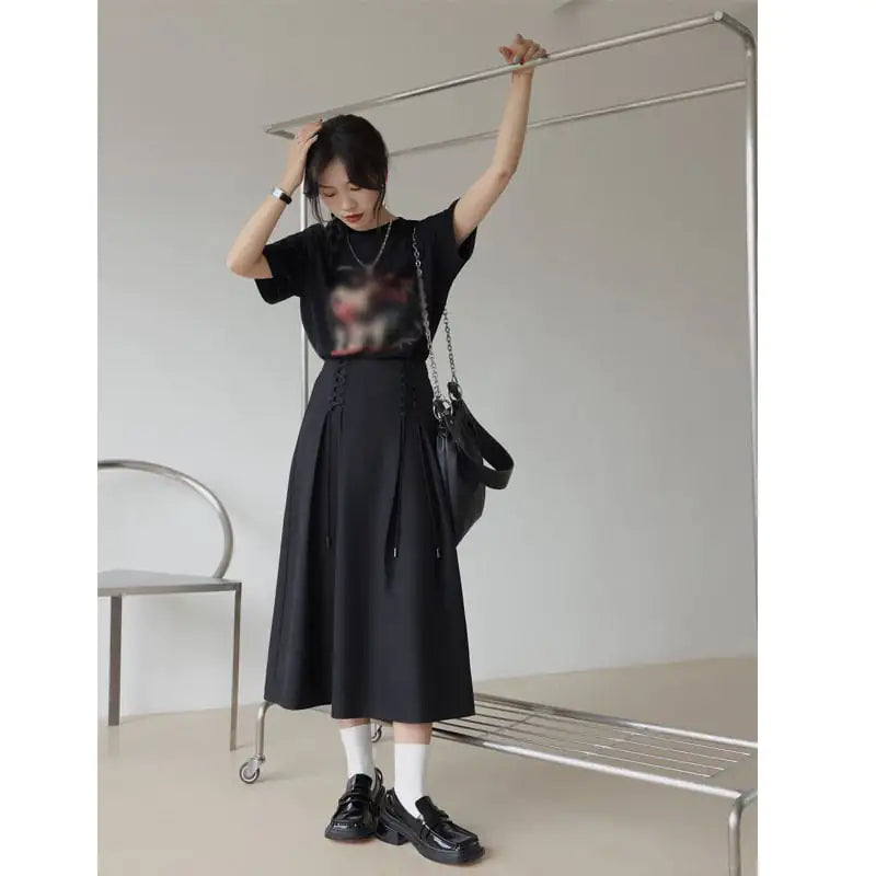 Korean Lace-up Pleated High-Waist A-line Skirt