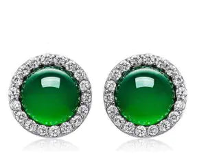 Green Chalcedony Stud Earrings, Korean 925 Silver Jewelry
