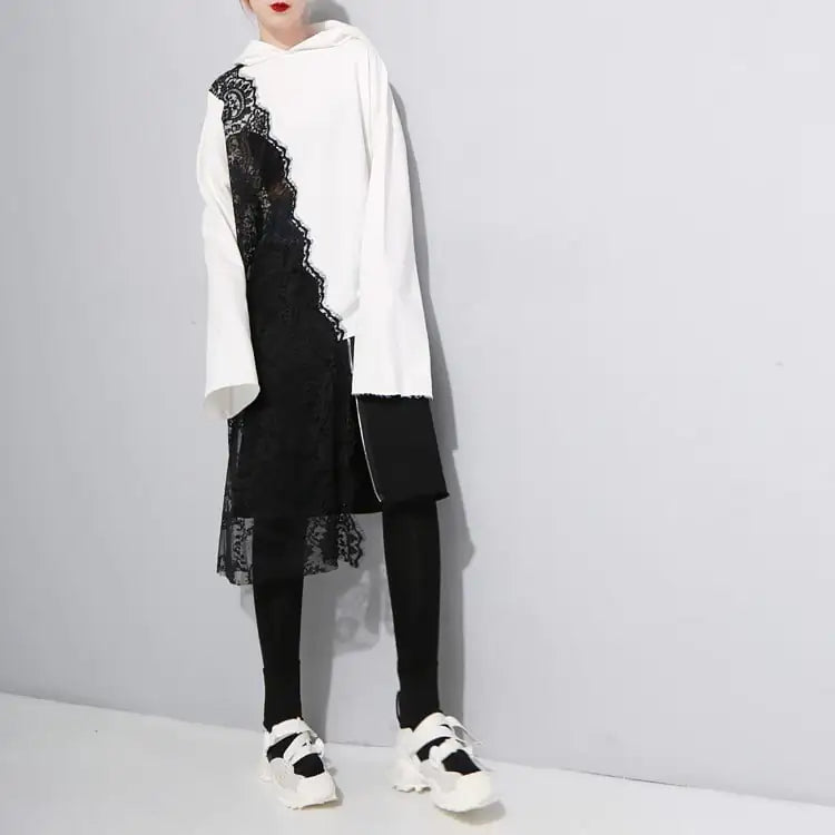 Asymmetric Lace Hooded Sweatshirt for Women